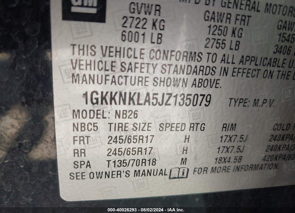 2018 GMC ACADIA SLE-1 VIN: 1GKKNKLA5JZ135079