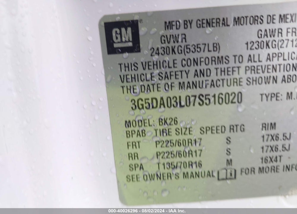 2007 BUICK RENDEZVOUS CX VIN: 3G5DA03L07S516020