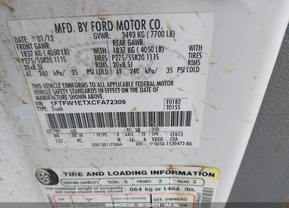 2012 FORD F-150 PLATINUM VIN: 1FTFW1ETXCFA72309