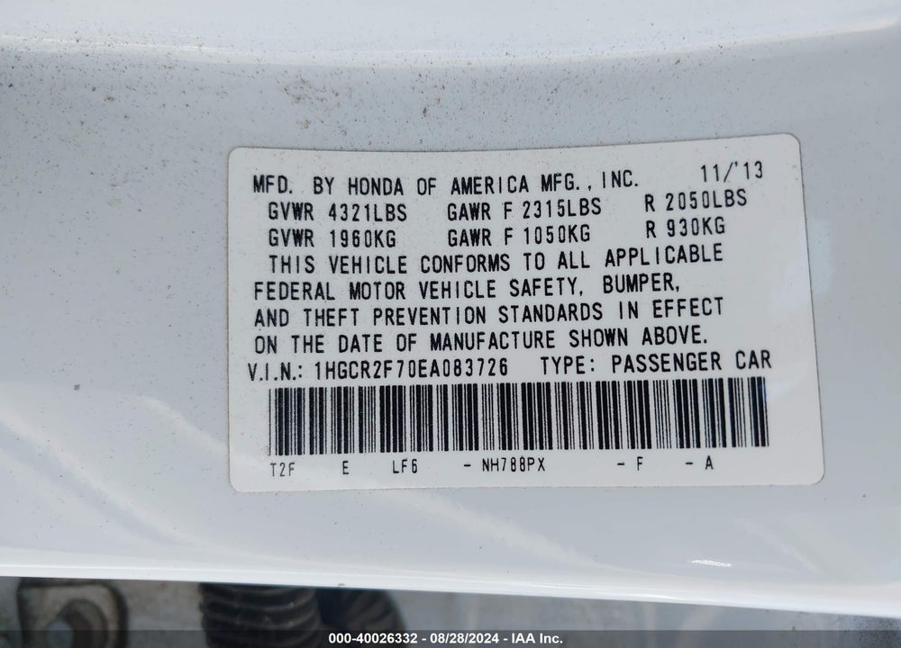 2014 HONDA ACCORD VIN: 1HGCR2F70EA083726