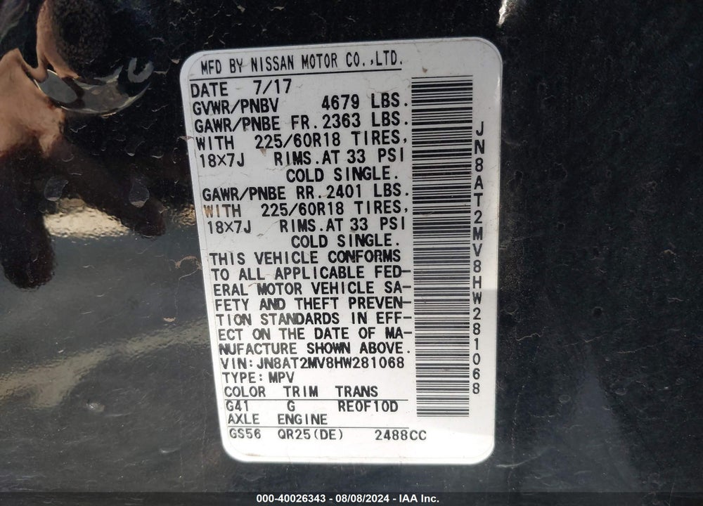 2017 NISSAN ROGUE SL VIN: JN8AT2MV8HW281068