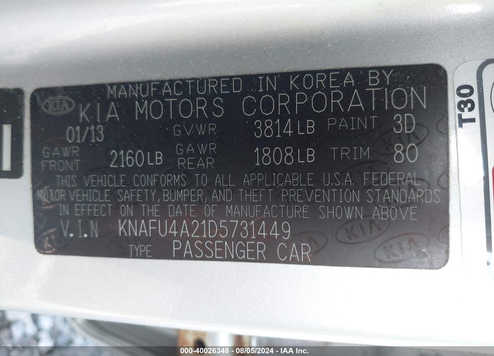 2013 KIA FORTE EX VIN: KNAFU4A21D5731449