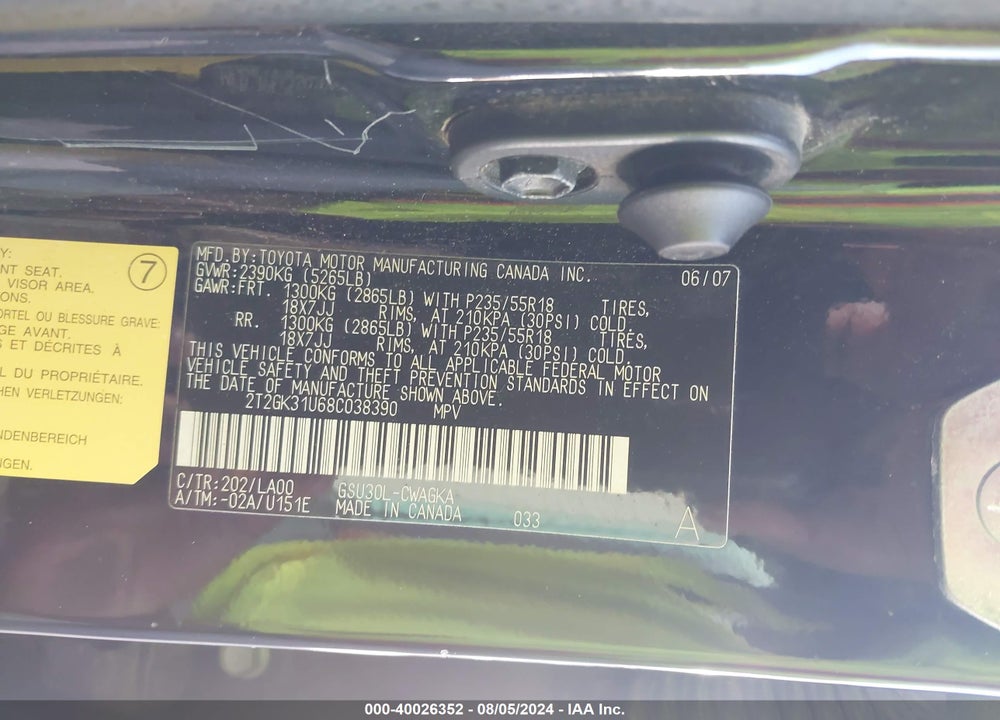 2008 LEXUS RX 350 VIN: 2T2GK31U68C038390