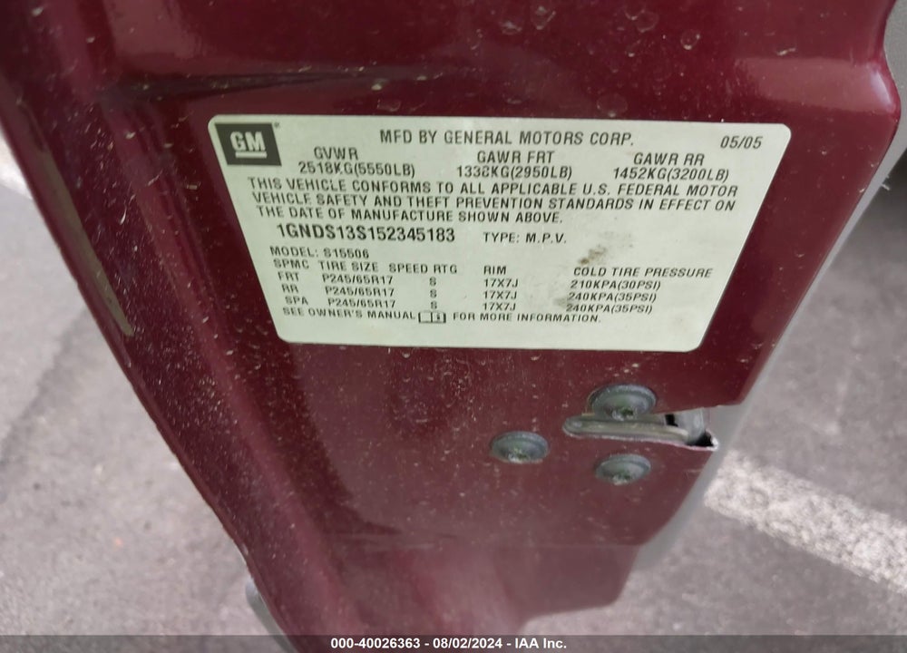 2005 CHEVROLET TRAILBLAZER LS VIN: 1GNDS13S152345183