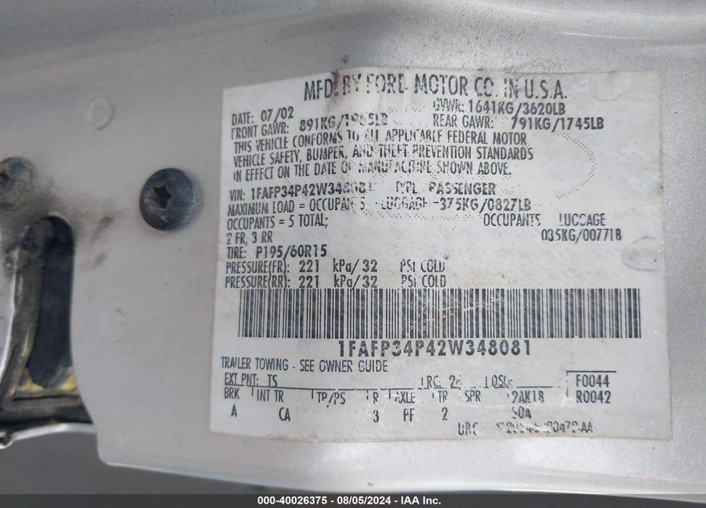 2002 FORD FOCUS SE VIN: 1FAFP34P42W348081
