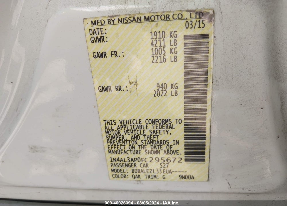 2015 NISSAN ALTIMA 2.5/2.5 S/2.5 SL/2.5 SV VIN: 1N4AL3AP0FC295672