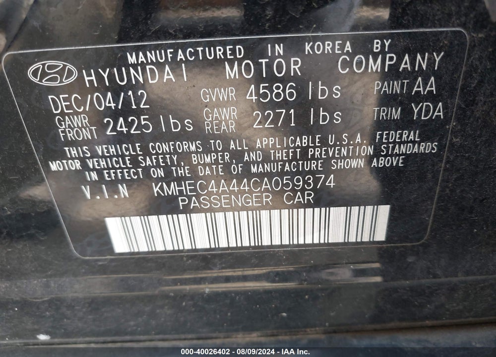2012 HYUNDAI SONATA HYBRID VIN: KMHEC4A44CA059374