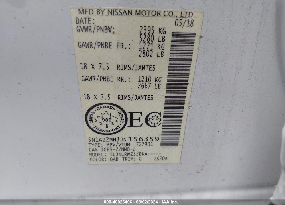 2018 NISSAN MURANO PLATINUM/S/SL/SV VIN: 5N1AZ2MH3JN156359