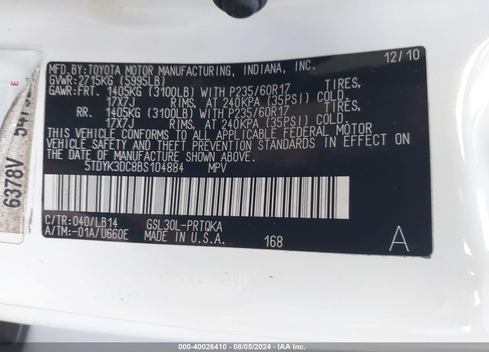 2011 TOYOTA SIENNA XLE V6 VIN: 5TDYK3DC8BS104884