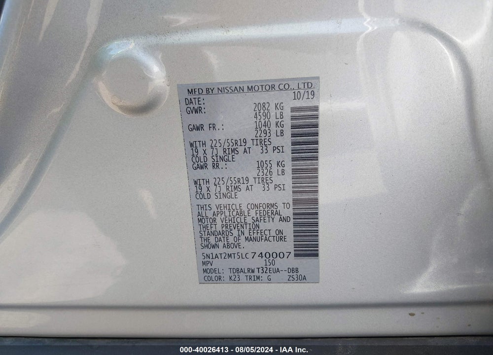 2020 NISSAN ROGUE SL FWD VIN: 5N1AT2MT5LC740007