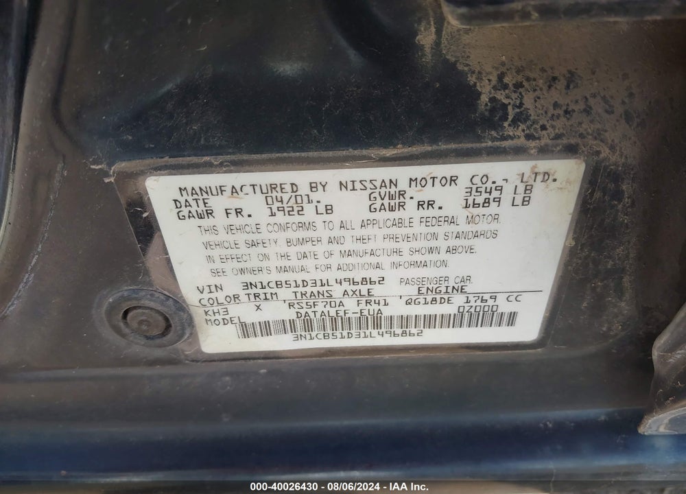 2001 NISSAN SENTRA VIN: 3N1CB51D31L496862
