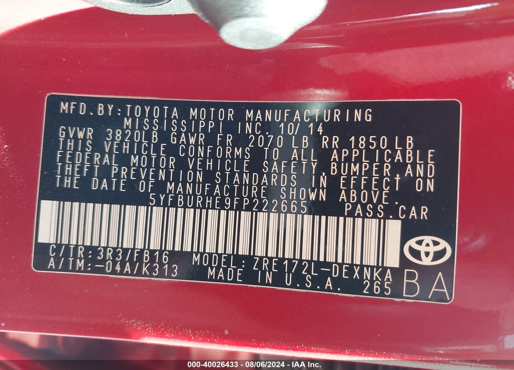 2015 TOYOTA COROLLA LE VIN: 5YFBURHE9FP222665