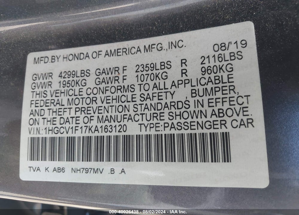 2019 HONDA ACCORD LX VIN: 1HGCV1F17KA163120