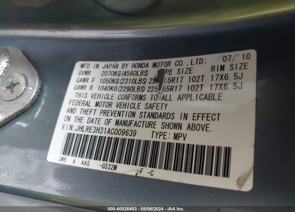 2010 HONDA CR-V LX VIN: JHLRE3H31AC009639