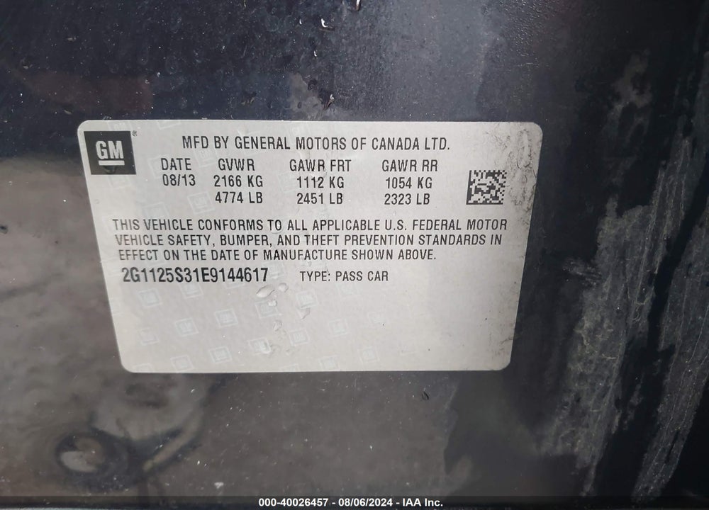 2014 CHEVROLET IMPALA 2LT VIN: 2G1125S31E9144617