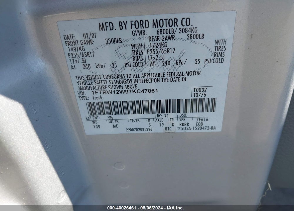 2007 FORD F-150 VIN: 1FTRW12W97KC47061