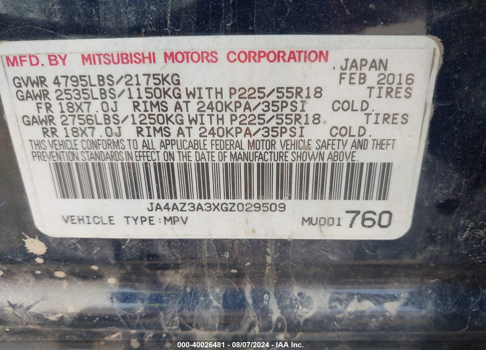 2016 MITSUBISHI OUTLANDER SE VIN: JA4AZ3A3XGZ029509