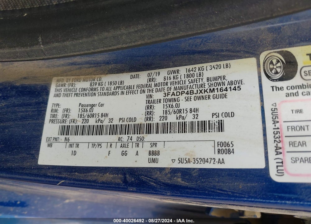 2019 FORD FIESTA SE VIN: 3FADP4BJXKM164145