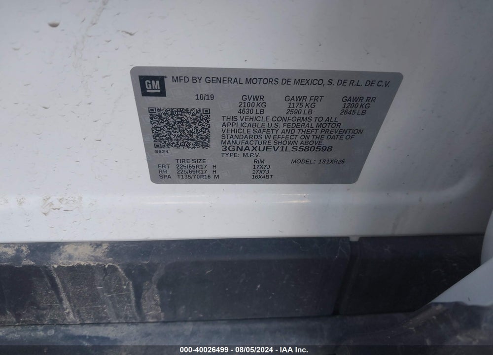 2020 CHEVROLET EQUINOX AWD LT 1.5L TURBO VIN: 3GNAXUEV1LS580598