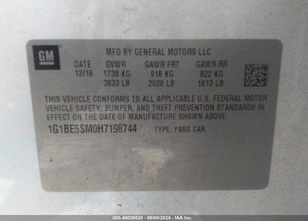 2017 CHEVROLET CRUZE LT AUTO VIN: 1G1BE5SM0H7198744