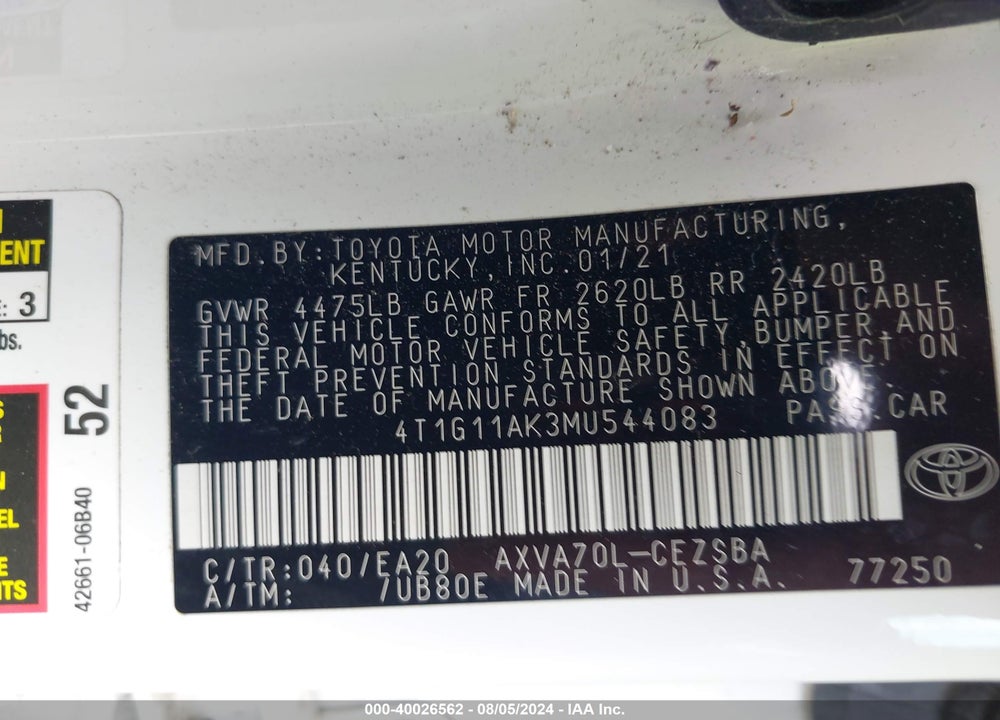 2021 TOYOTA CAMRY SE VIN: 4T1G11AK3MU544083