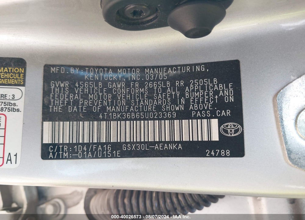 2005 TOYOTA AVALON LIMITED/TOURING/XL/XLS VIN: 4T1BK36B65U023369