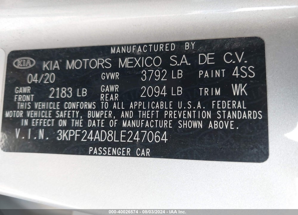 2020 KIA FORTE LXS VIN: 3KPF24AD8LE247064