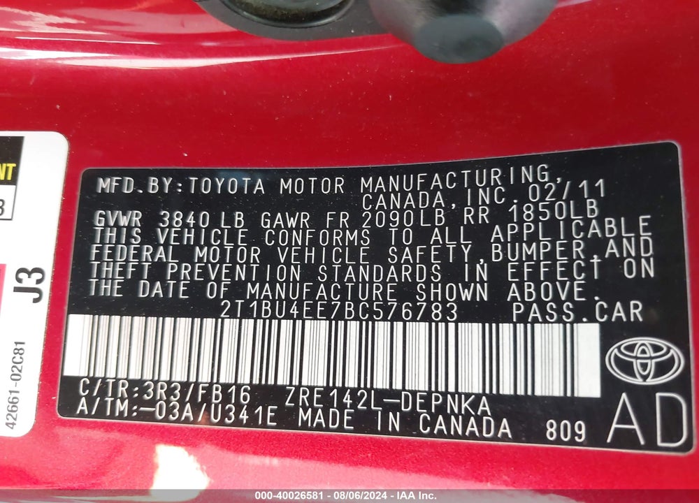 2011 TOYOTA COROLLA LE VIN: 2T1BU4EE7BC576783
