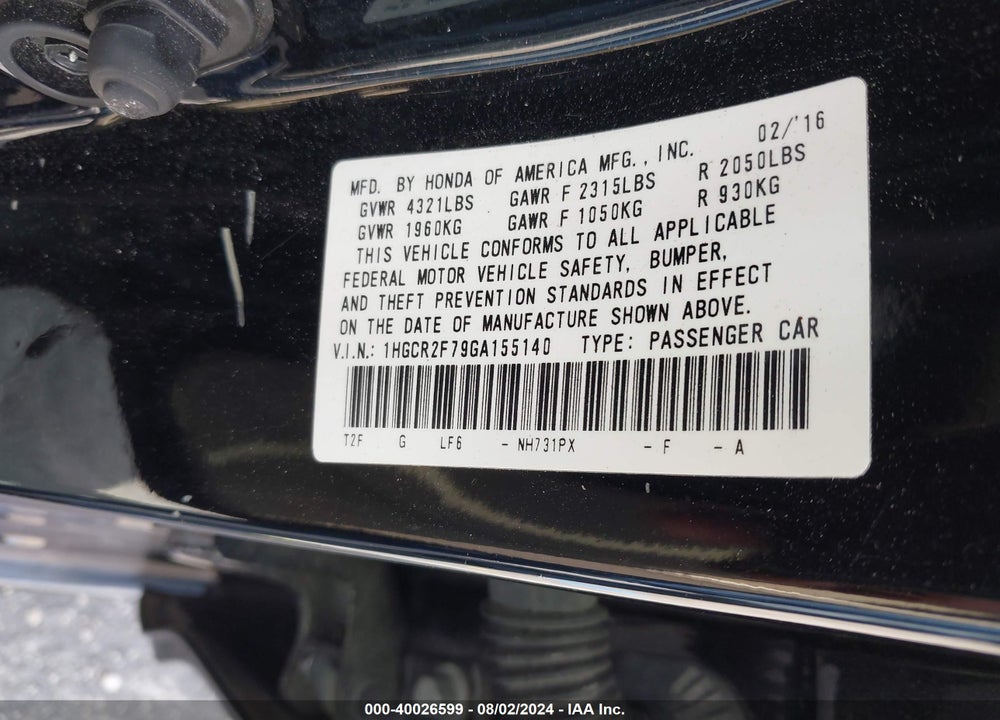 2016 HONDA ACCORD EX VIN: 1HGCR2F79GA155140