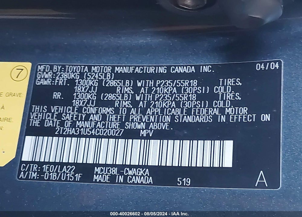 2004 LEXUS RX 330 VIN: 2T2HA31U54C020027