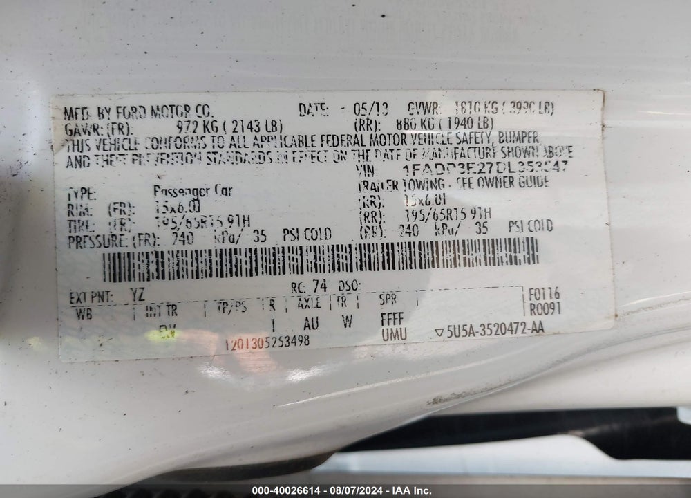 2013 FORD FOCUS VIN: 1FADP3E27DL353547