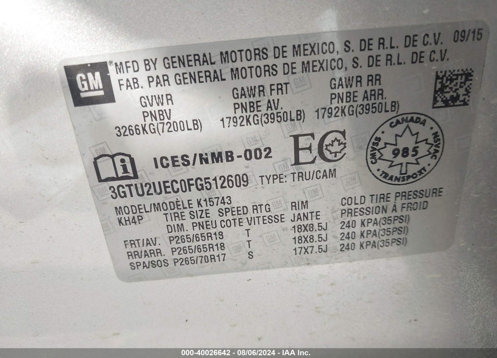 2015 GMC SIERRA 1500 SLE VIN: 3GTU2UEC0FG512609