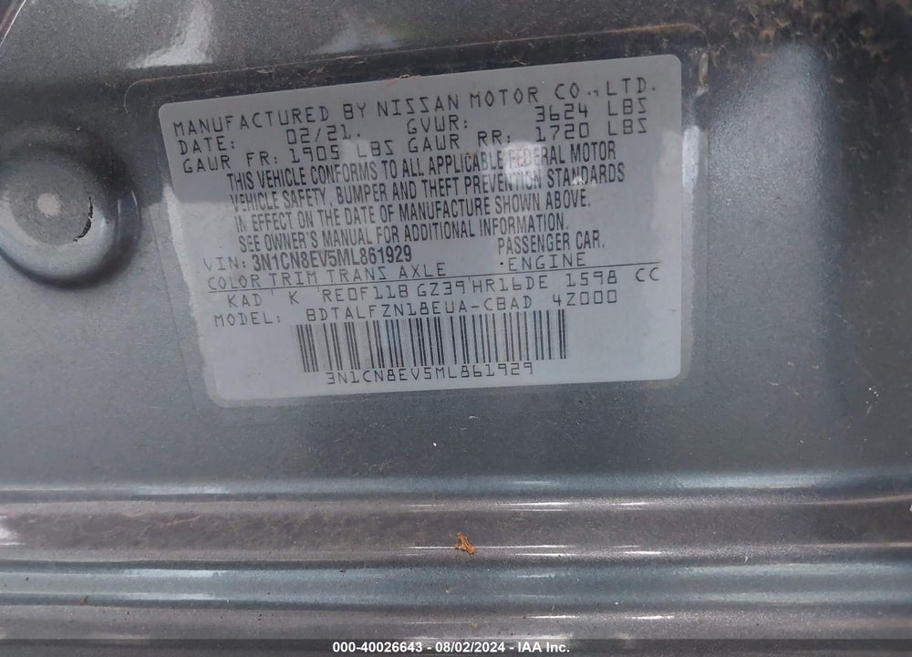 2021 NISSAN VERSA SV XTRONIC CVT VIN: 3N1CN8EV5ML861929