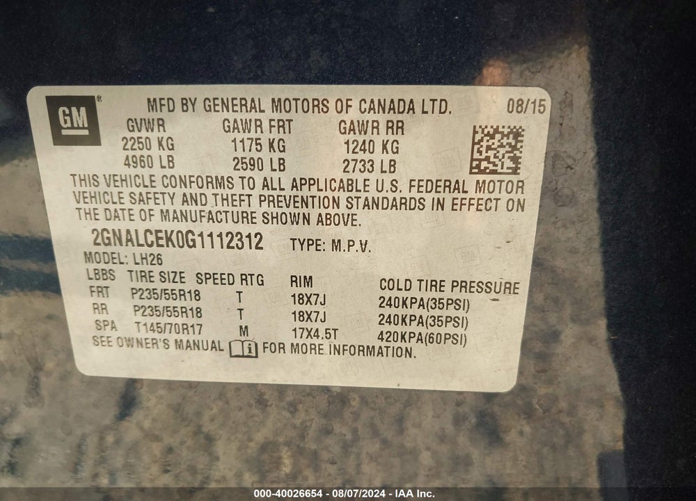 2016 CHEVROLET EQUINOX LT VIN: 2GNALCEKOG1112312
