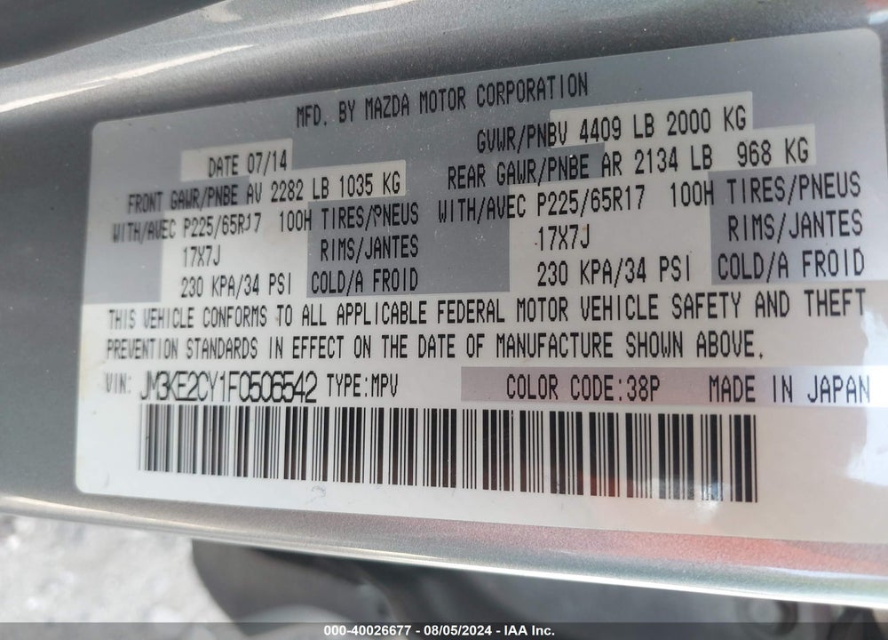 2015 MAZDA CX-5 TOURING VIN: JM3KE2CY1F0506542