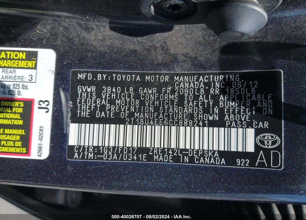 2012 TOYOTA COROLLA S VIN: 2T1BU4EE6CC888241