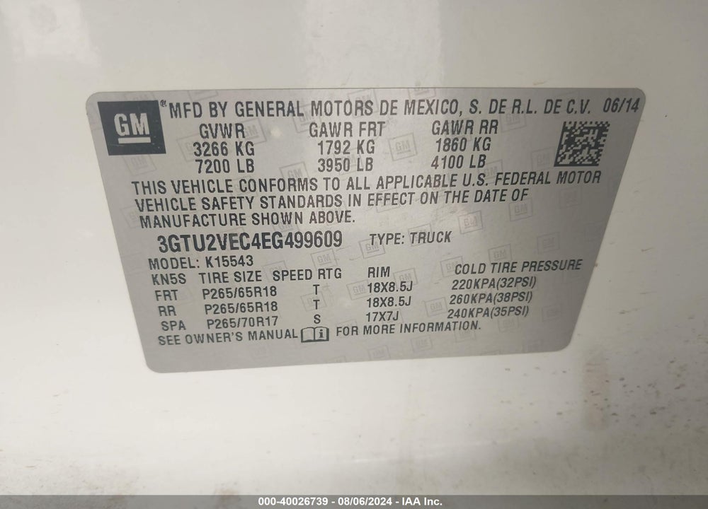 2014 GMC SIERRA 1500 SLT VIN: 3GTU2VEC4EG499609