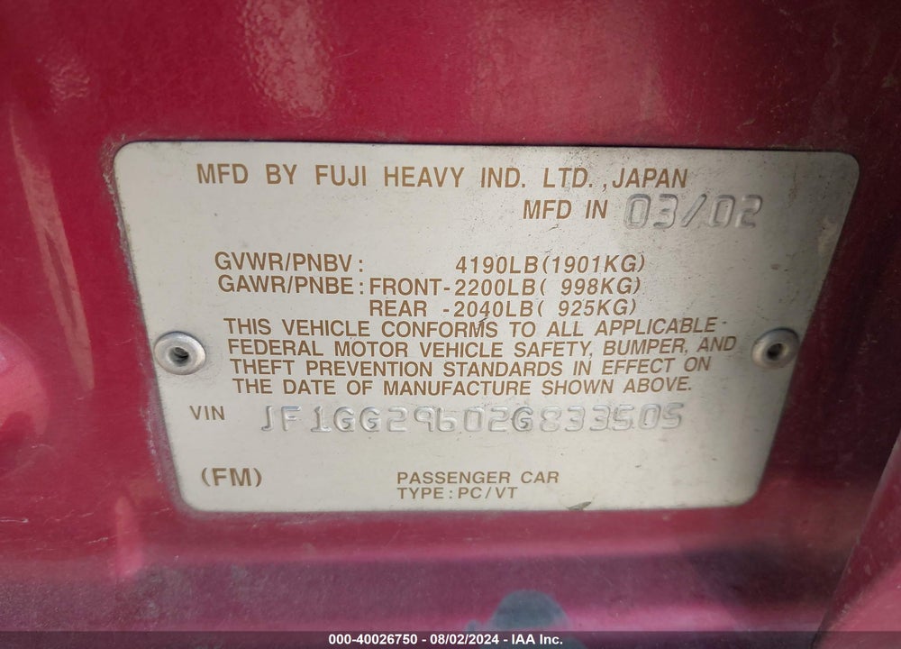 2002 SUBARU IMPREZA WRX VIN: JF1GG29602G833505