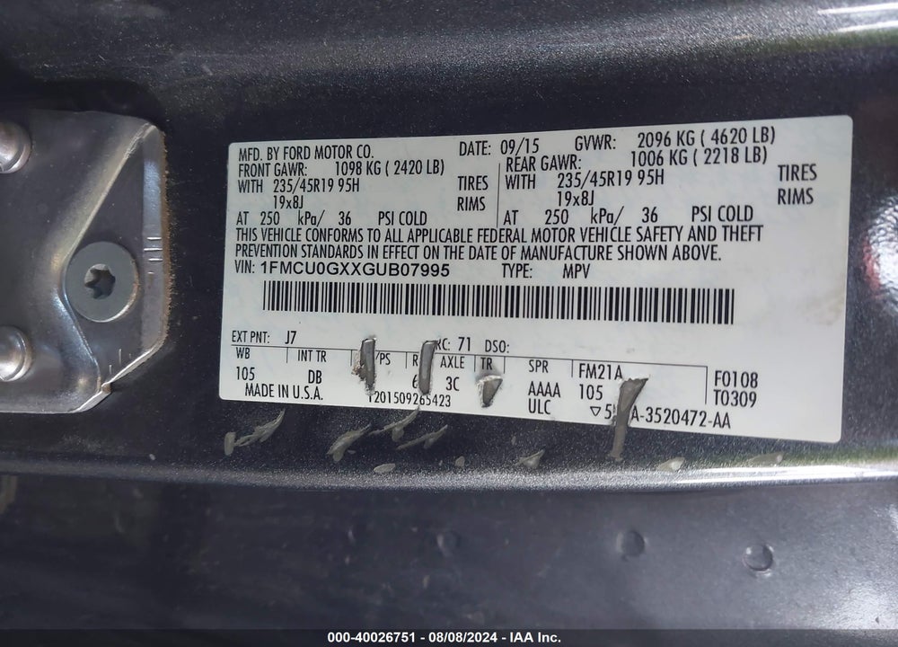 2016 FORD ESCAPE SE VIN: 1FMCU0GXXGUB07995
