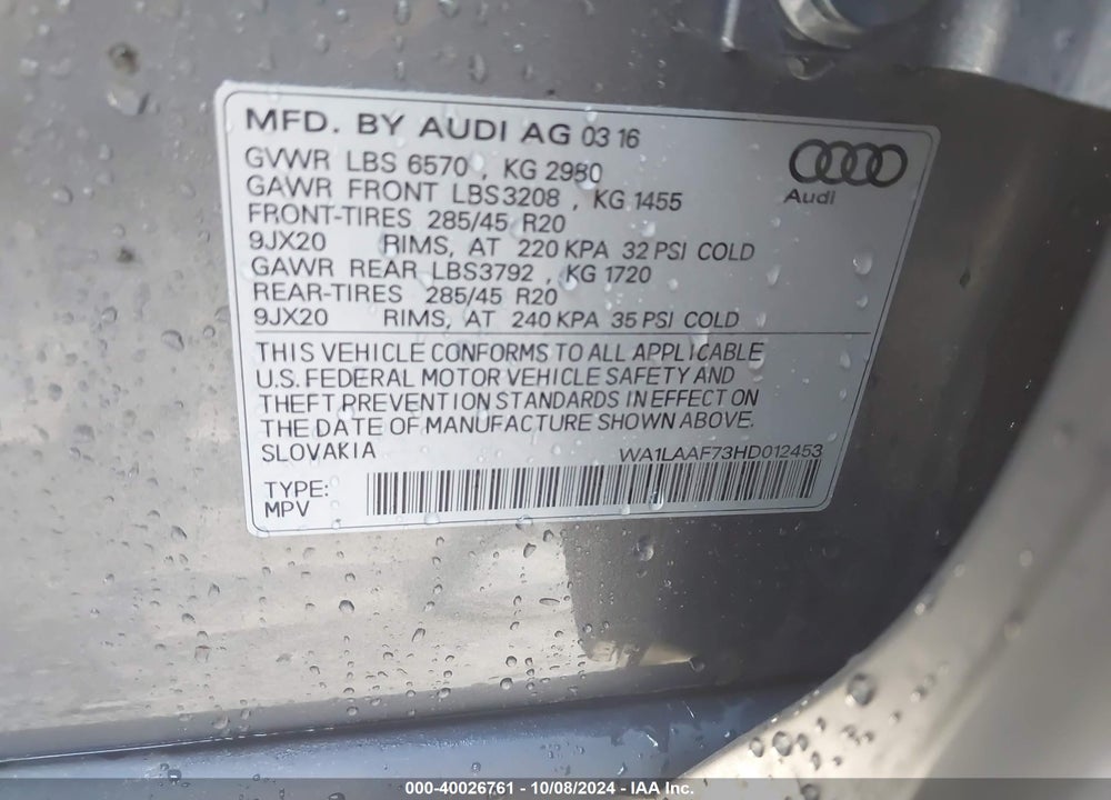 2017 AUDI Q7 3.0T PREMIUM VIN: WA1LAAF73HD012453