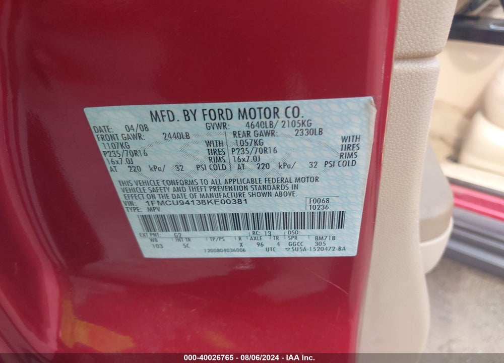 2008 FORD ESCAPE LIMITED VIN: 1FMCU94138KE00381