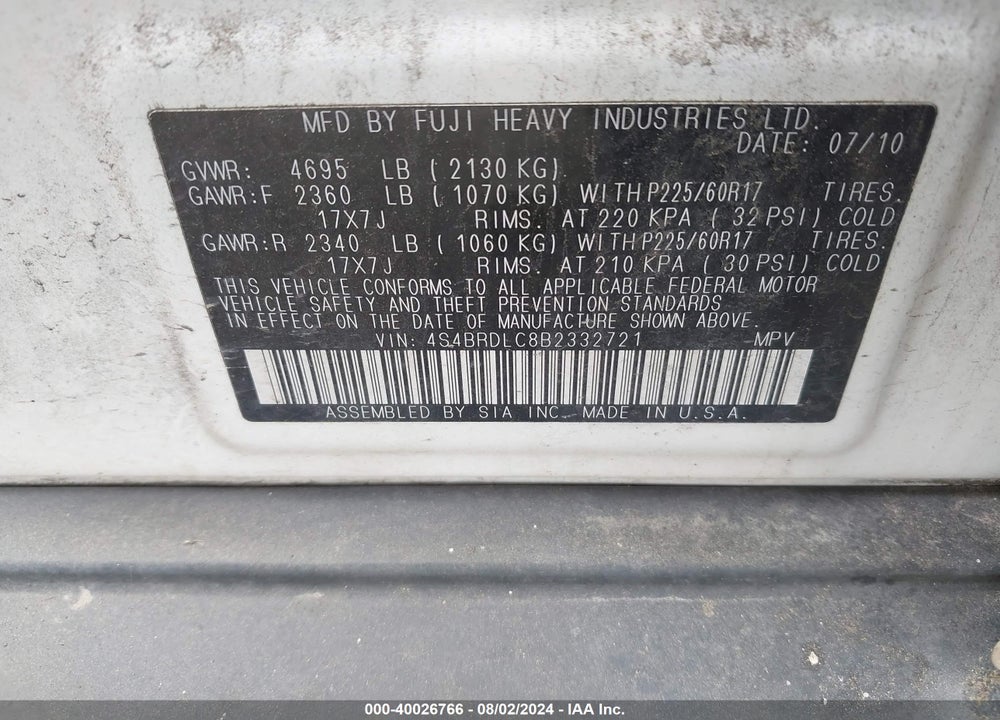2011 SUBARU OUTBACK 3.6R LIMITED VIN: 4S4BRDLC8B2332721
