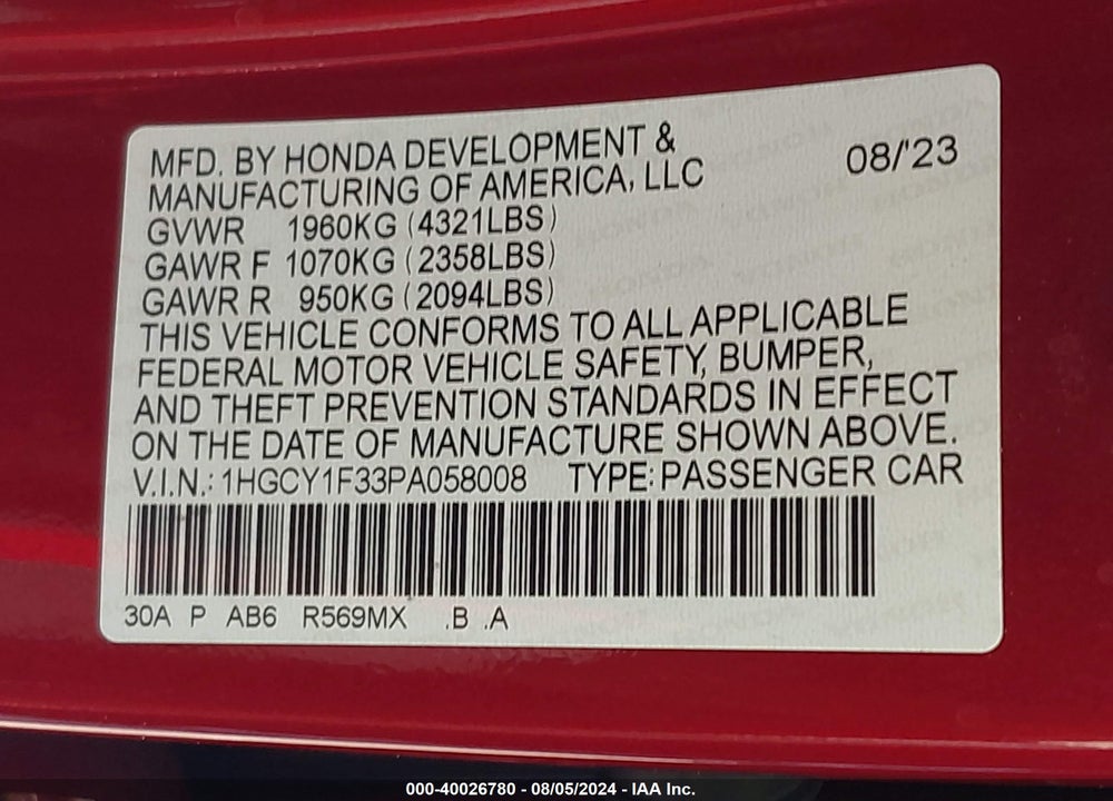 2023 HONDA ACCORD EX VIN: 1HGCY1F33PA058008