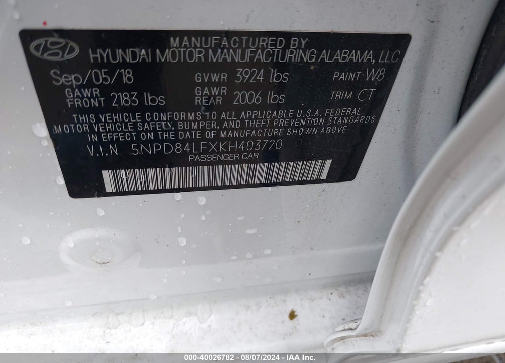 2019 HYUNDAI ELANTRA SEL VIN: 5NPD84LFXKH403720