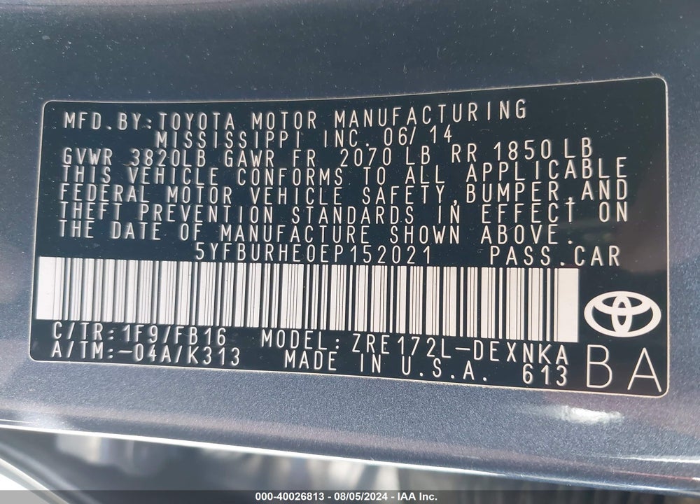 2014 TOYOTA COROLLA LE VIN: 5YFBURHE0EP152021