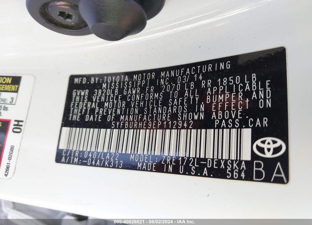 2014 TOYOTA COROLLA S PREMIUM VIN: 5YFBURHE9EP112942