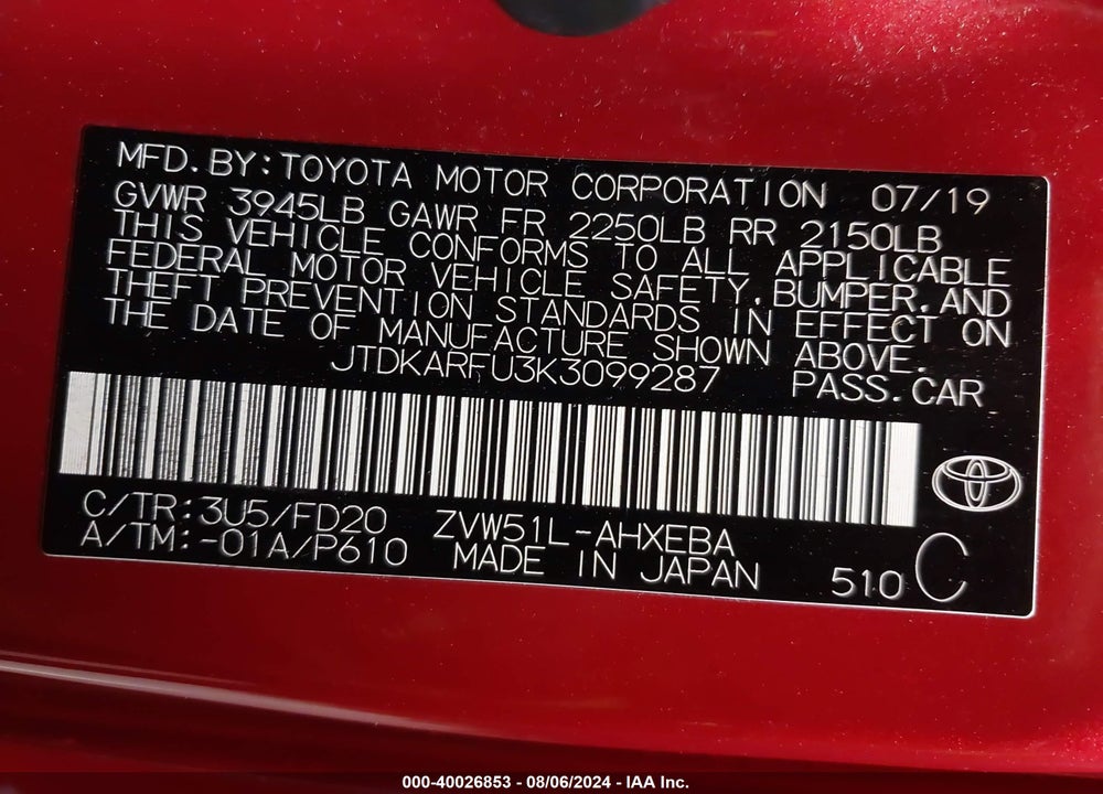 2019 TOYOTA PRIUS LE VIN: JTDKARFU3K3099287