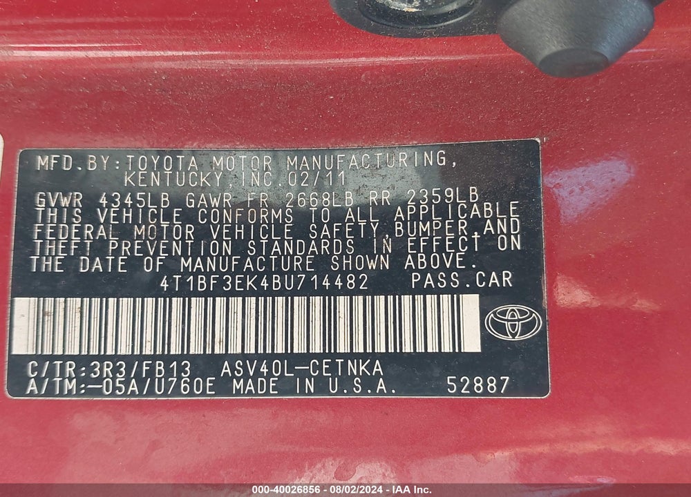2011 TOYOTA CAMRY LE VIN: 4T1BF3EK4BU714482