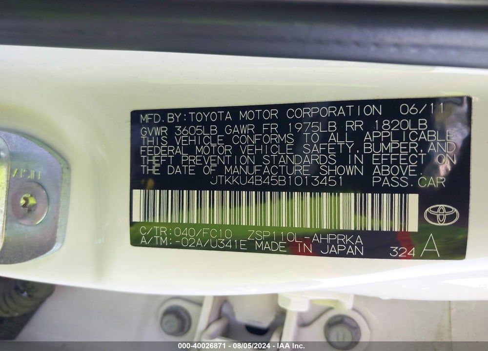 2011 SCION XD VIN: JTKKU4B45B1013451