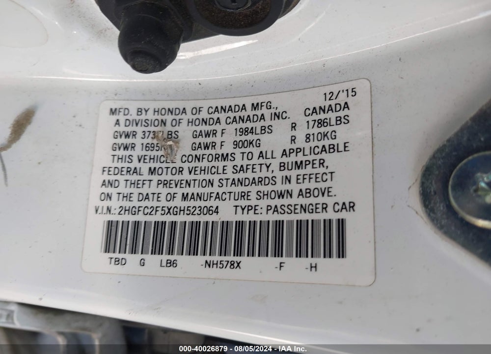 2016 HONDA CIVIC LX VIN: 2HGFC2F5XGH523064